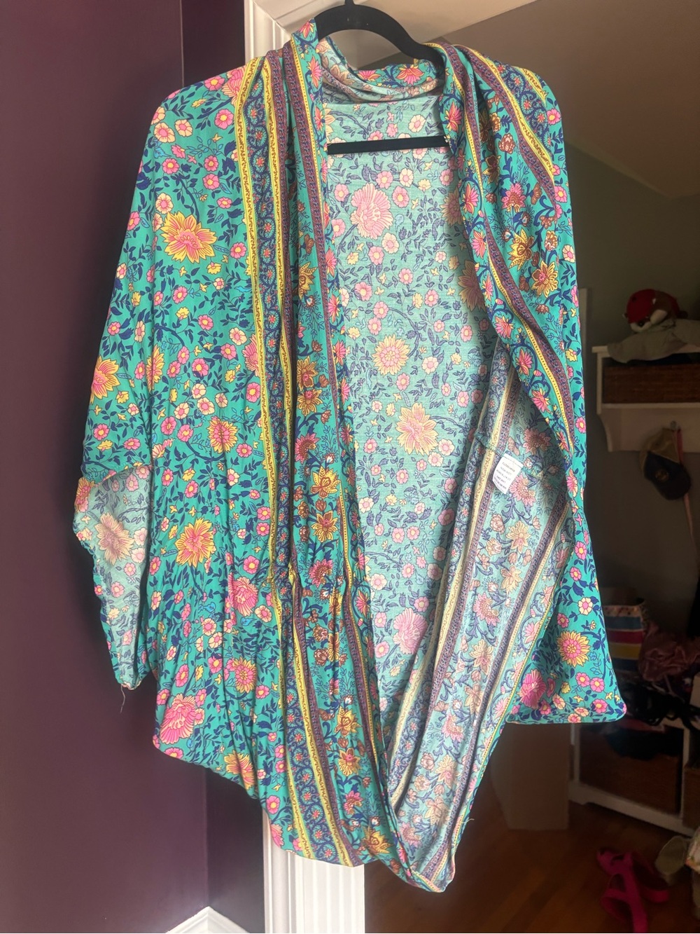 Floral Draped Kimono Jacket - Teal Floral